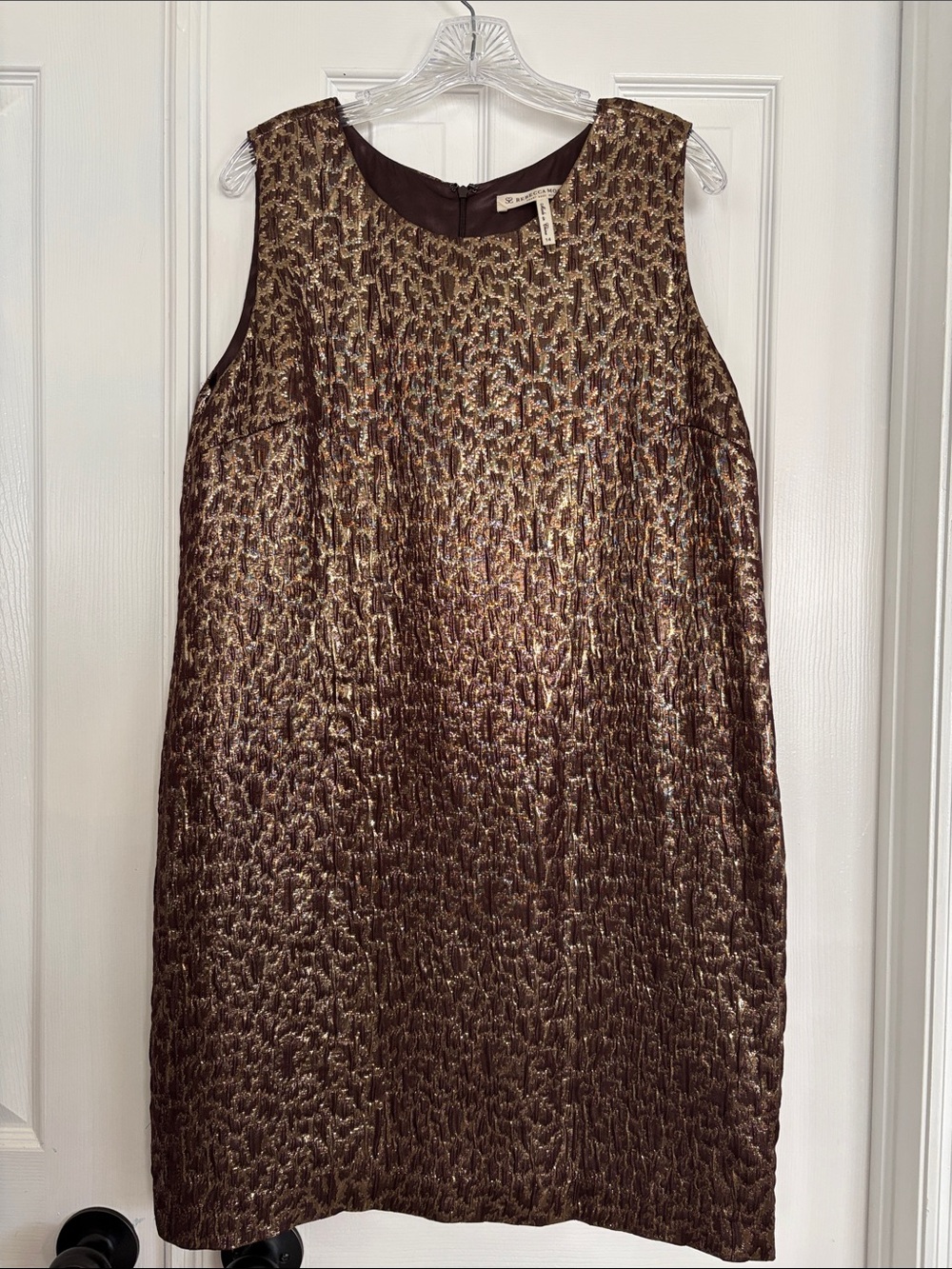 Rebecca Moses Gold Shimmer Metallic Brown Sleeveless Shift Dress Women’s size 14